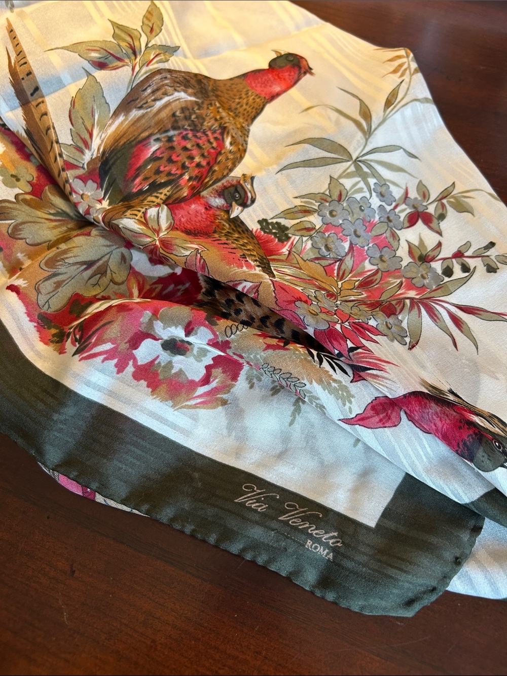 Via Veneto Roma scarf pheasant theme rich greens burgandy Thanksgiving accessory